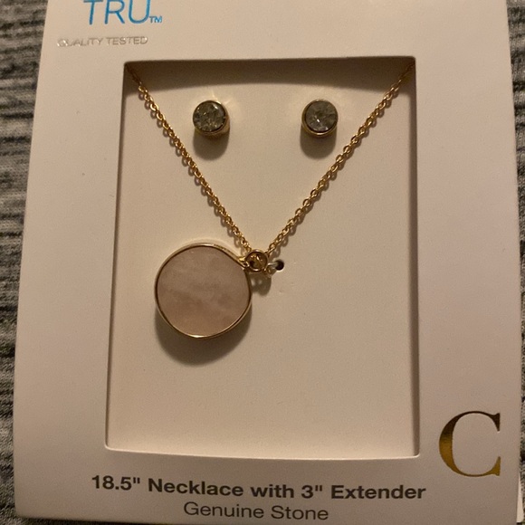 Genuine Rose Quartz with "C" Initial Disc Necklace and Earring Set 18.5” - Picture 7 of 12